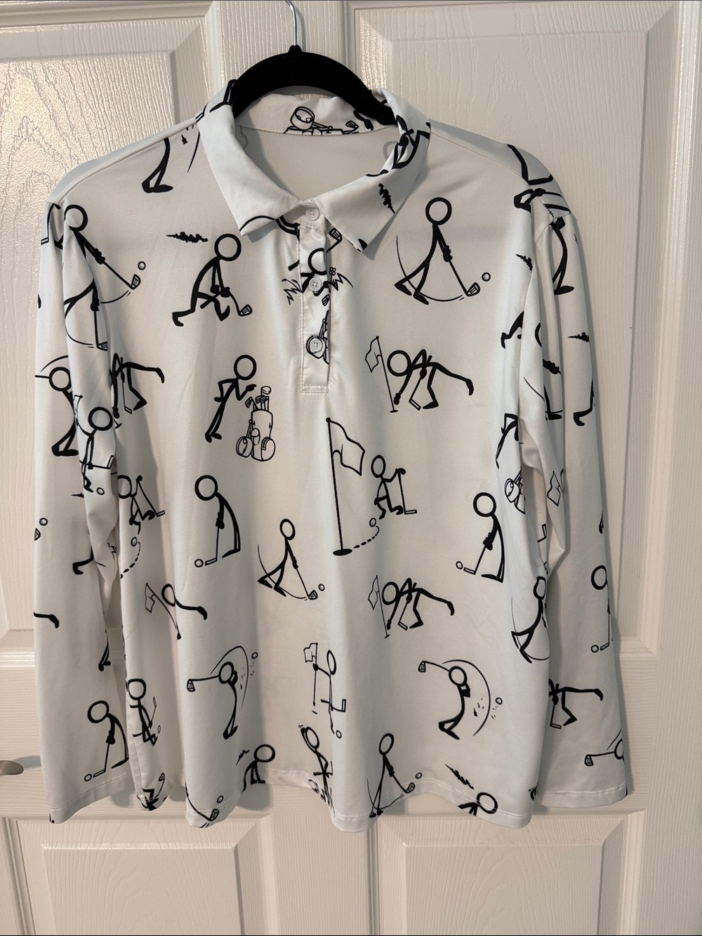Women’s White Long-Sleeve Polo with Black Golf Stick-Figure Print